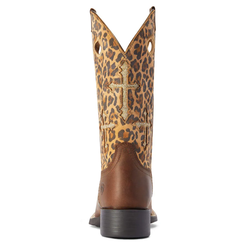 10042384 Ariat Women's Round Up Crossroads Wide Square Toe Western Boot - Distressed Tan/ Sparkle Leopard
