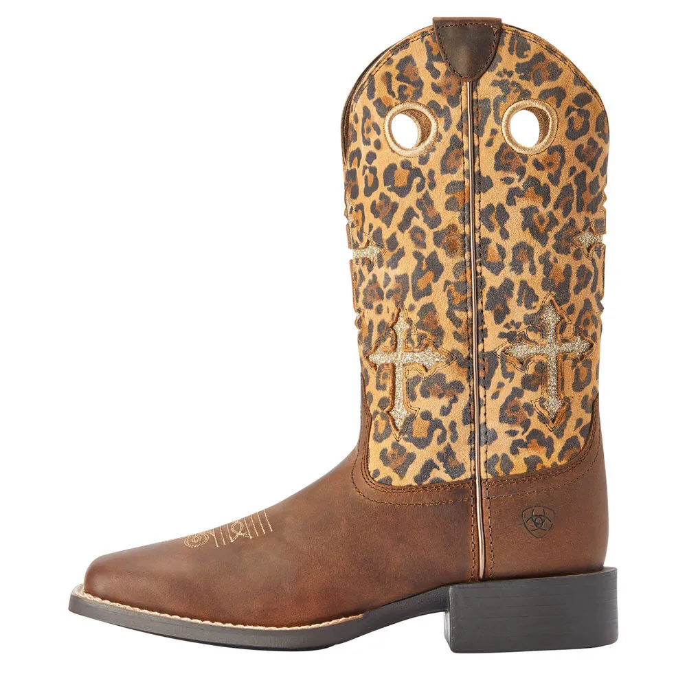 10042384 Ariat Women's Round Up Crossroads Wide Square Toe Western Boot - Distressed Tan/ Sparkle Leopard