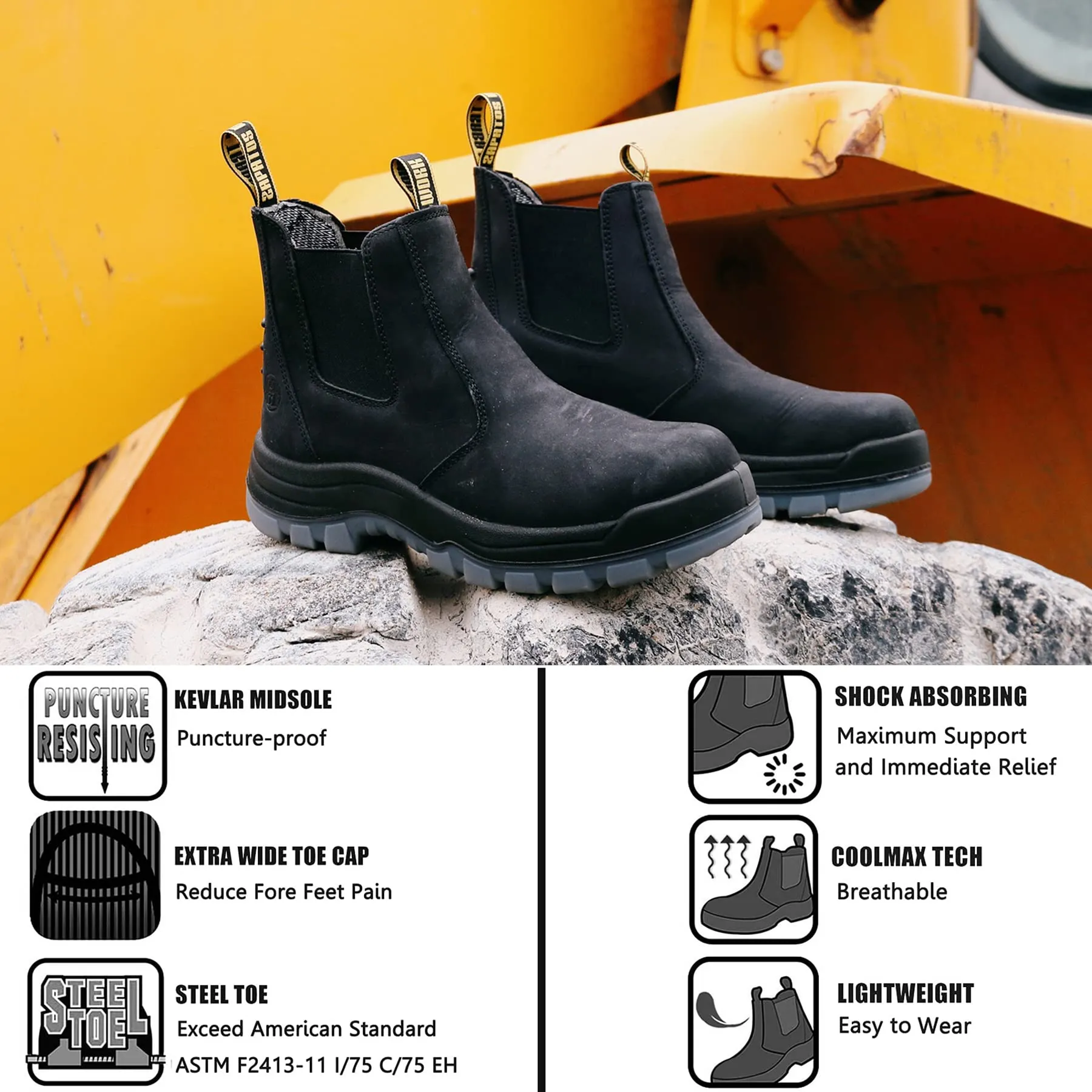 81N04 Composite Toe Waterproof Working Boots, Slip Resistant Anti-Static Slip-on Safety Working Boots