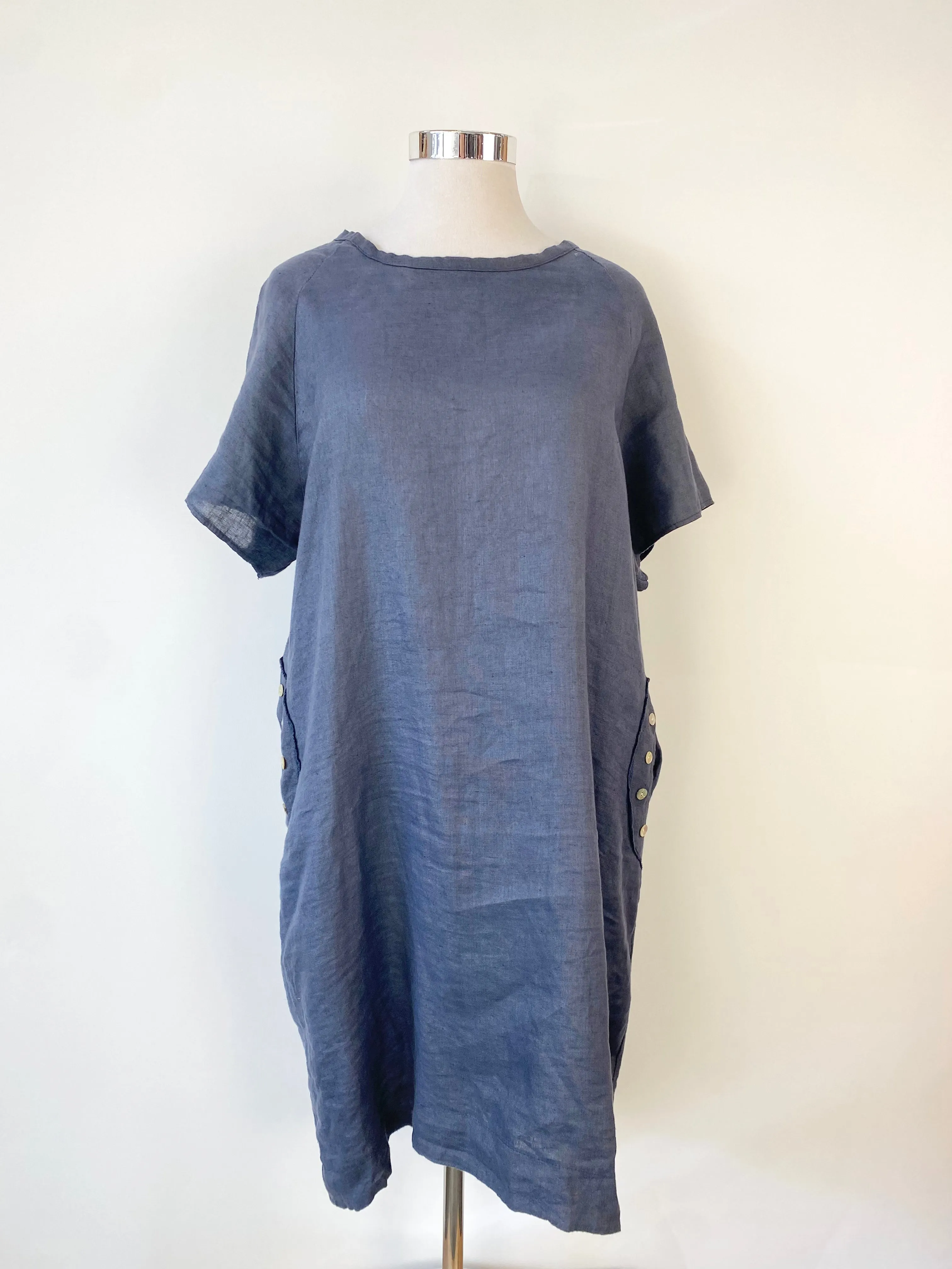Amici Navy Blue Linen Trapeze Dress - AU10