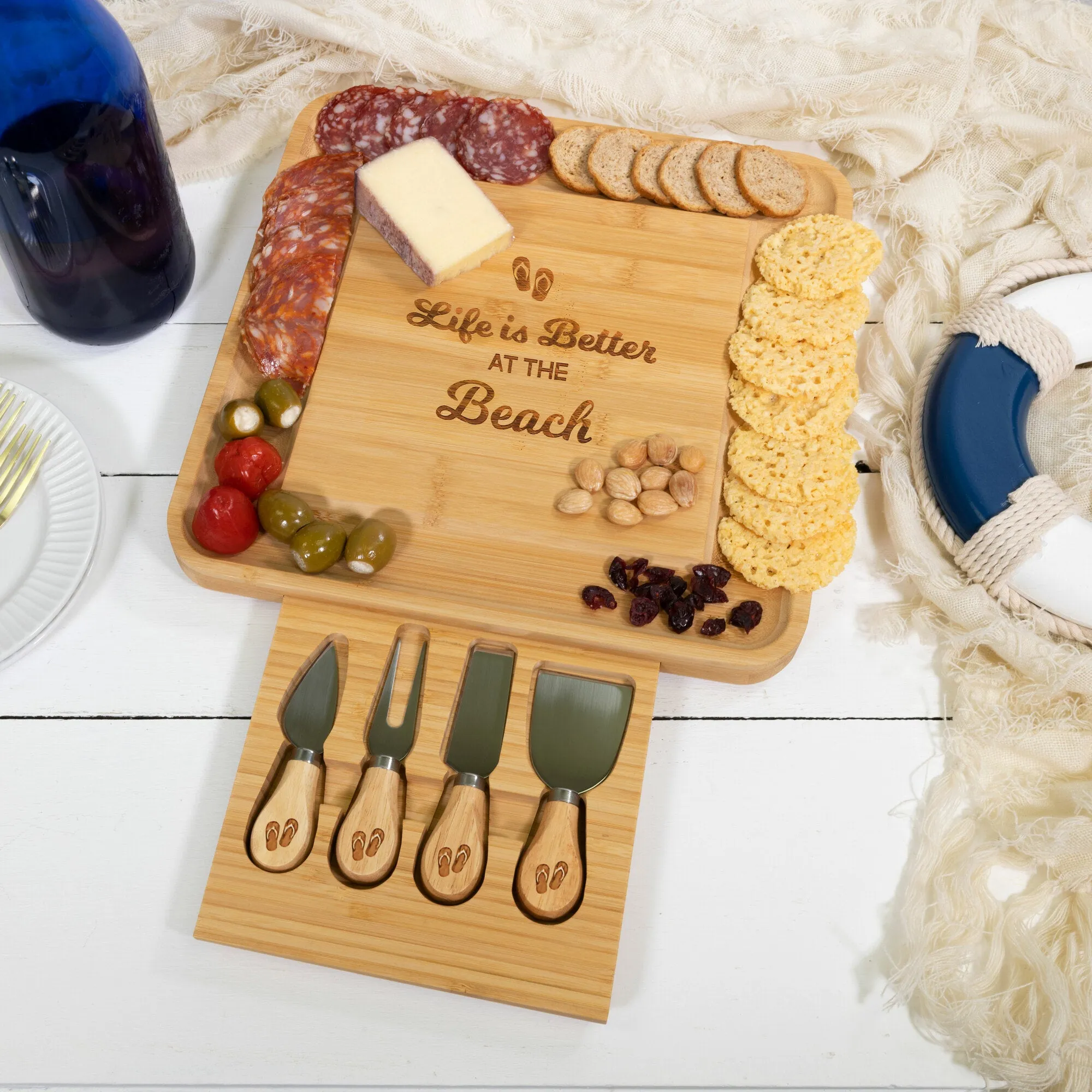 At The Beach 13" Bamboo Serving Board with Utensils