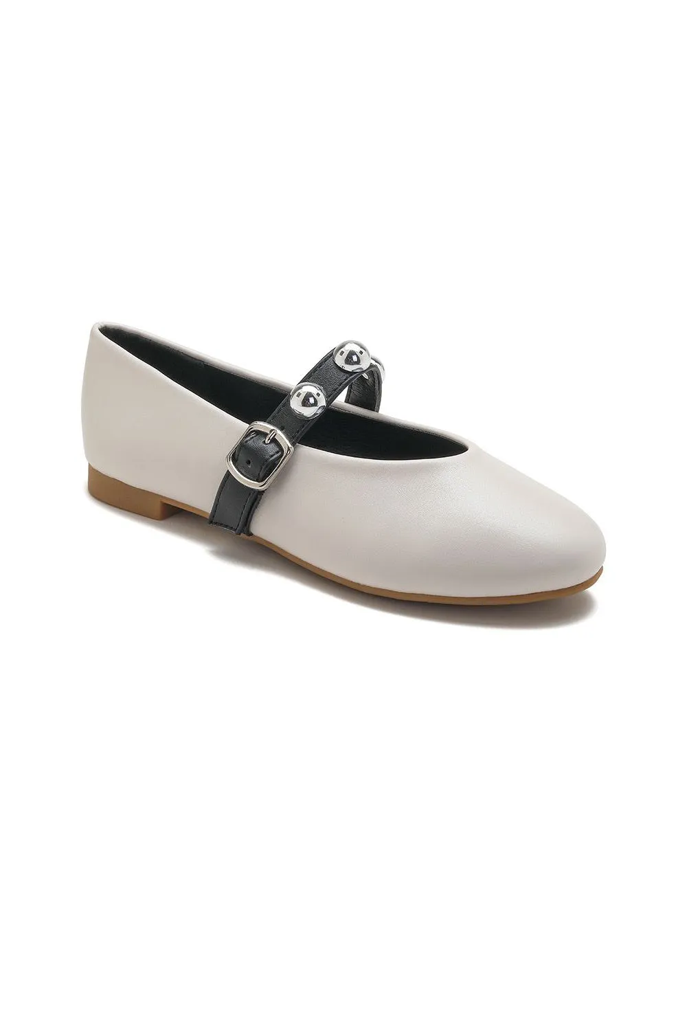 BEIGE CROSS STRAP SILVER STUD DETAIL MARY JANE FLAT PUMPS