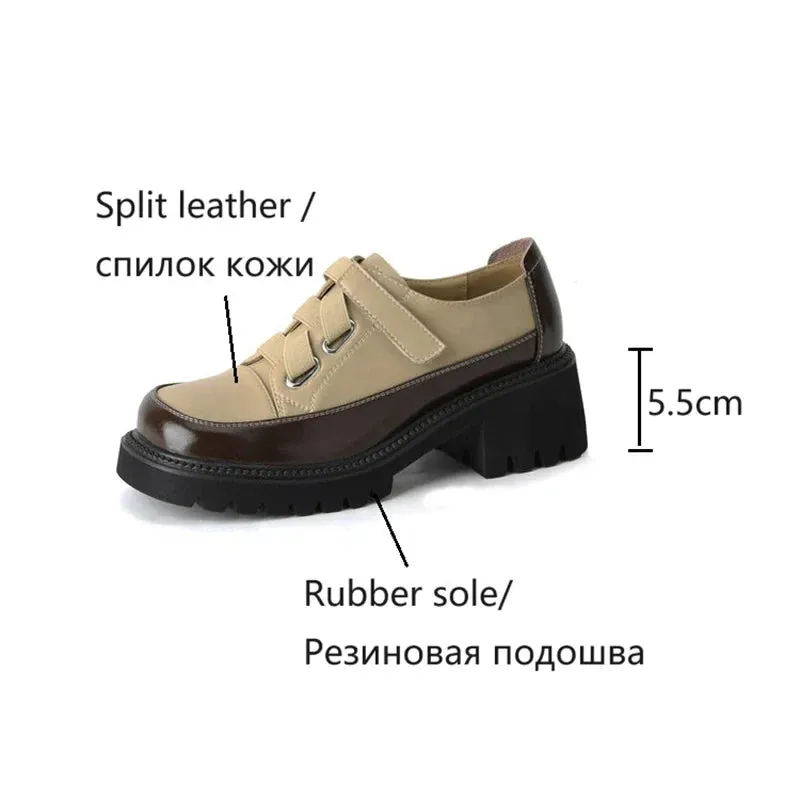binfenxie Spring/Autumn Women Shoes Split Leather Shoes Round Toe Lace Up Platform Shoes Color Mixed Thick Heel Loafers for Women Sneakers