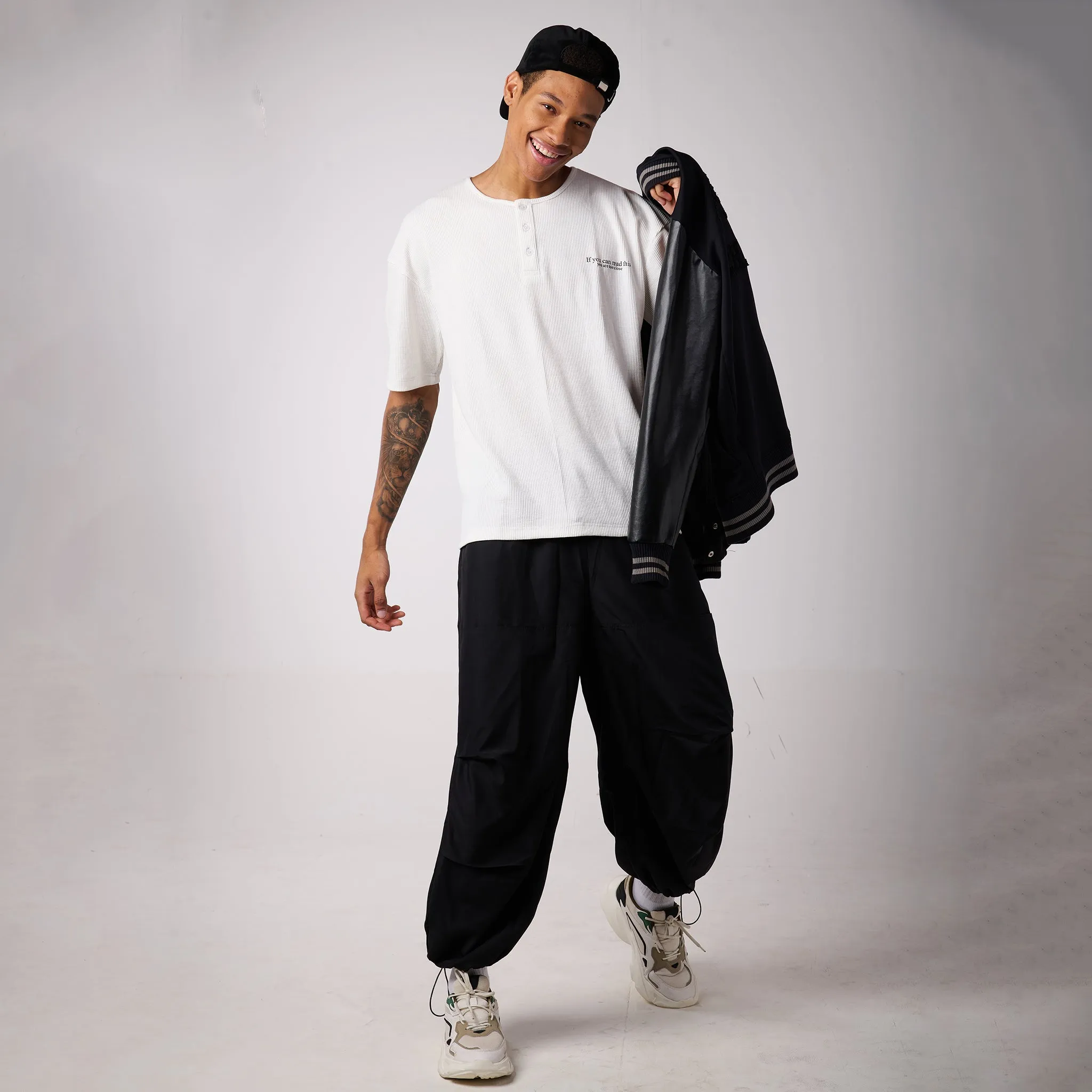Black Air Parachute Pants & White Textured knit Tee Set