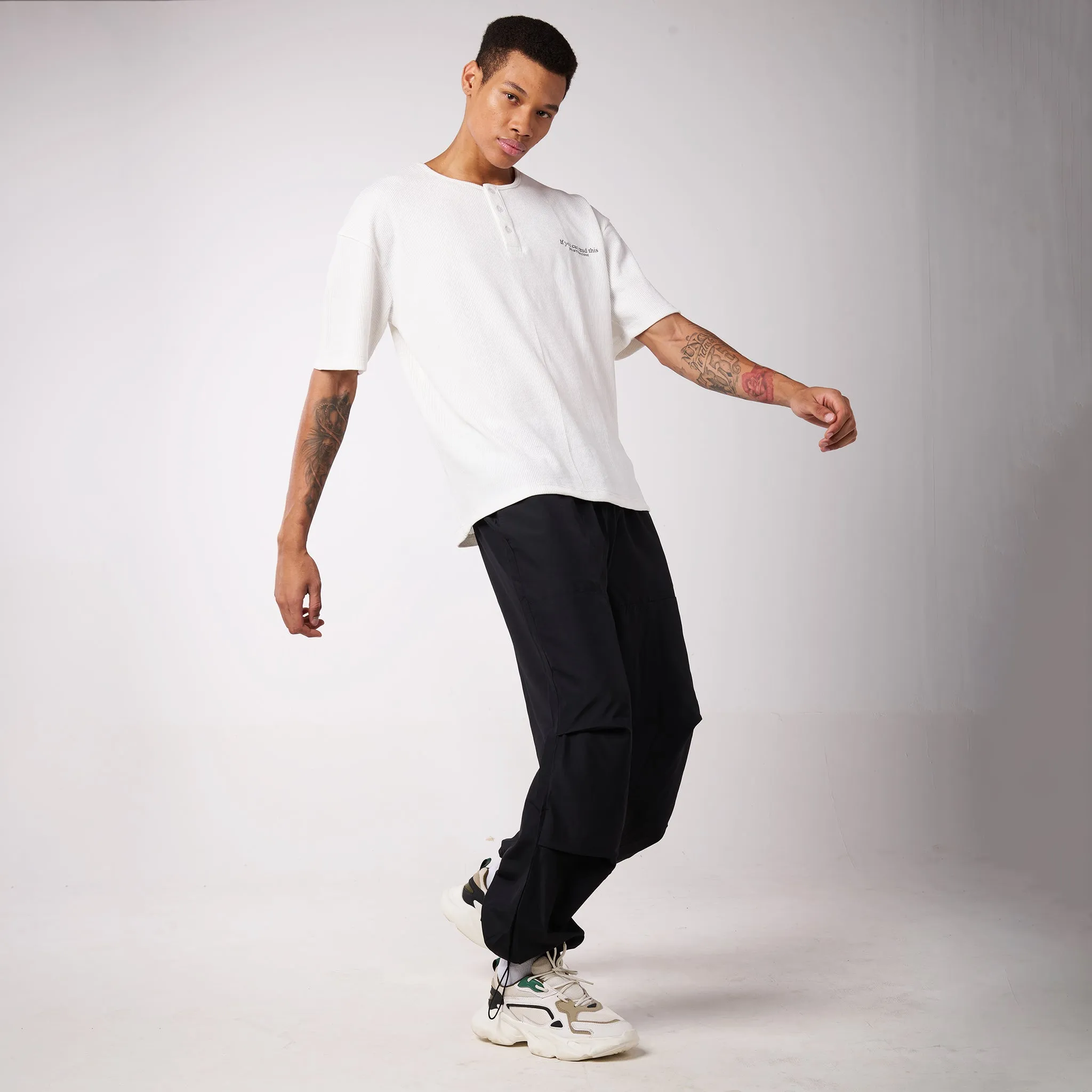 Black Air Parachute Pants & White Textured knit Tee Set