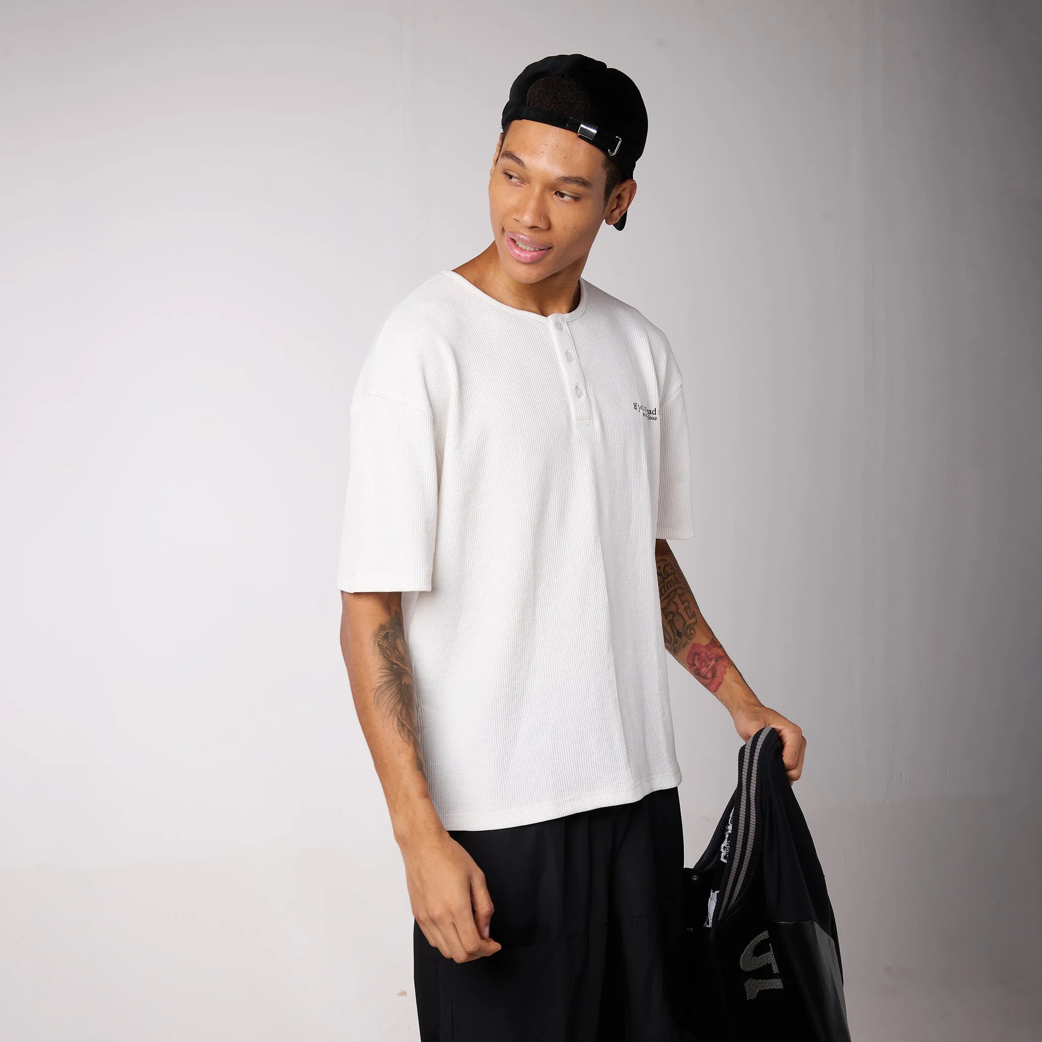Black Air Parachute Pants & White Textured knit Tee Set