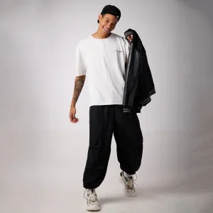 Black Air Parachute Pants & White Textured knit Tee Set