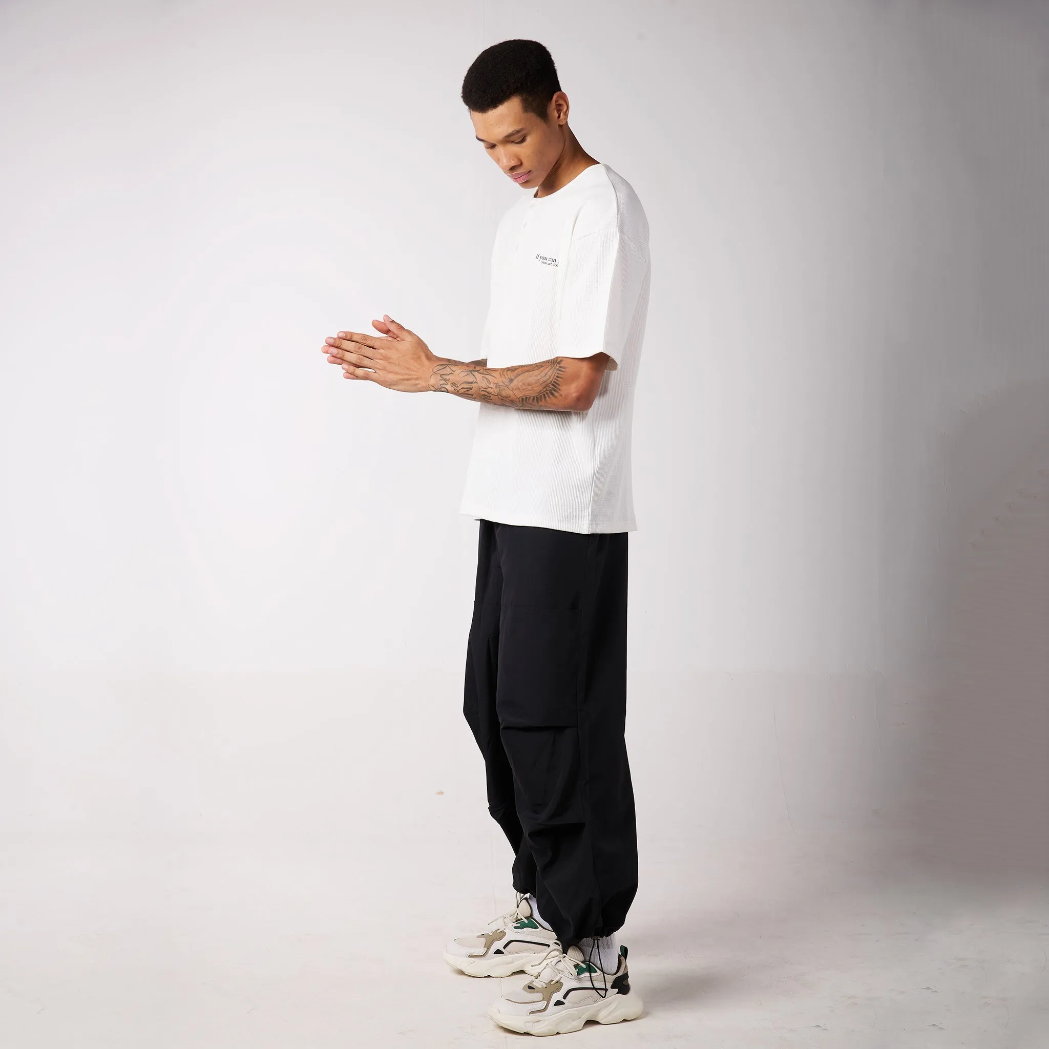 Black Air Parachute Pants & White Textured knit Tee Set