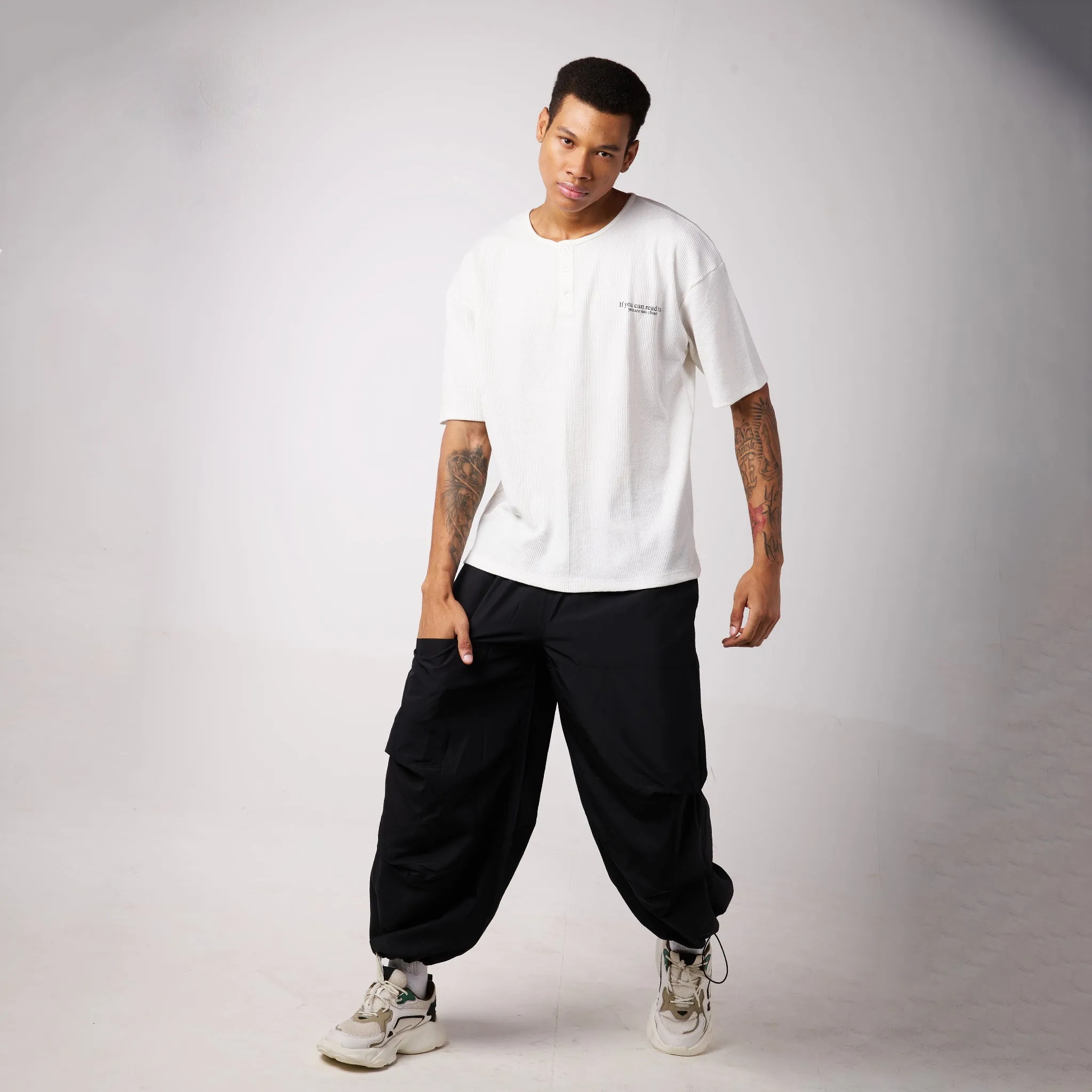 Black Air Parachute Pants & White Textured knit Tee Set