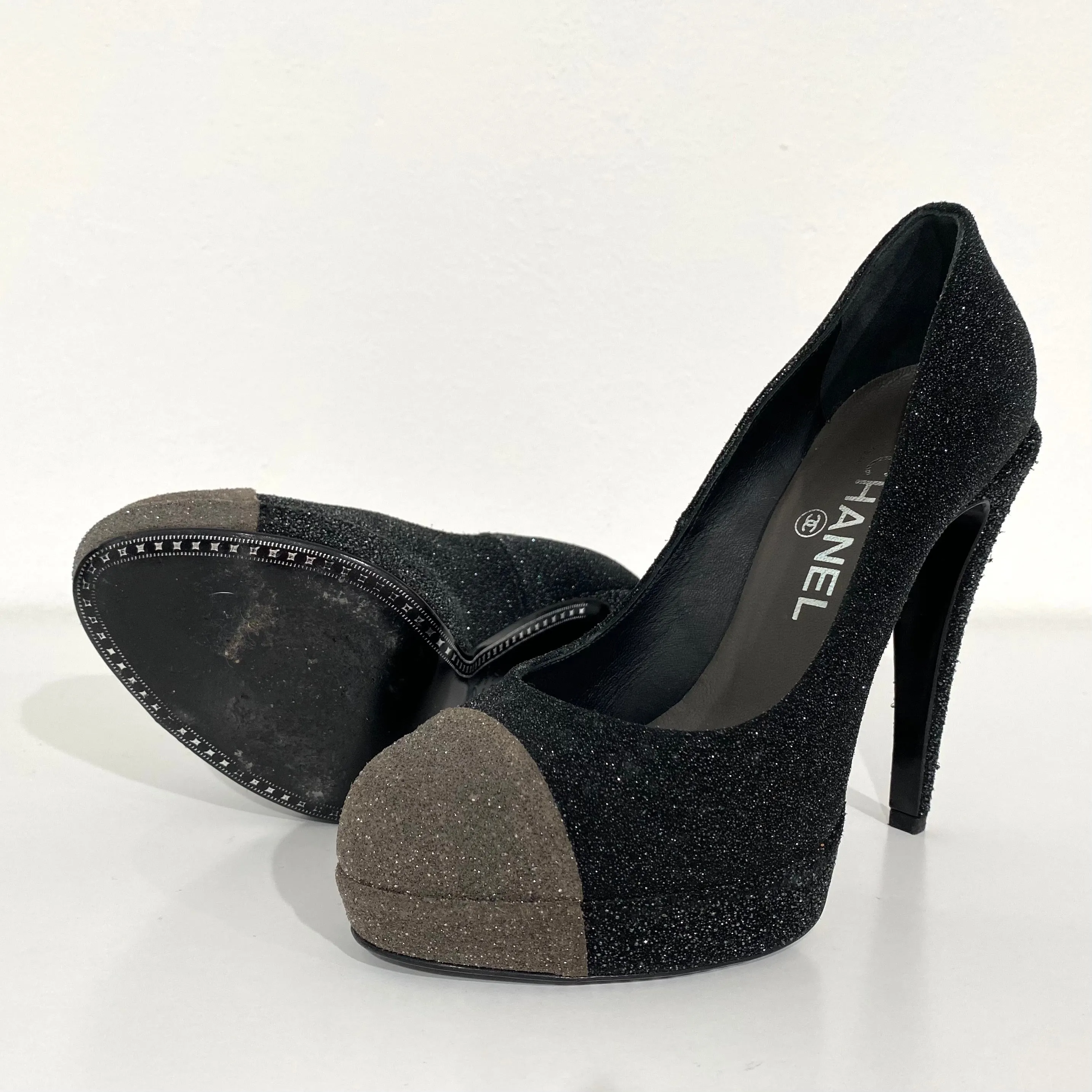 Chanel Black & Grey Glitter Pumps