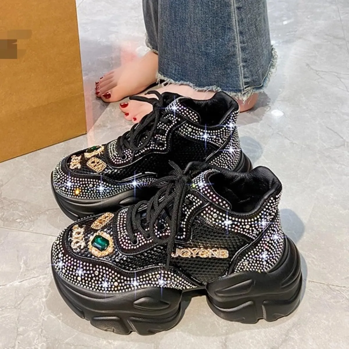 Chunky Sneakers for Women Fashion Sparkling Rave Platform Thick Sole Dad Shoes