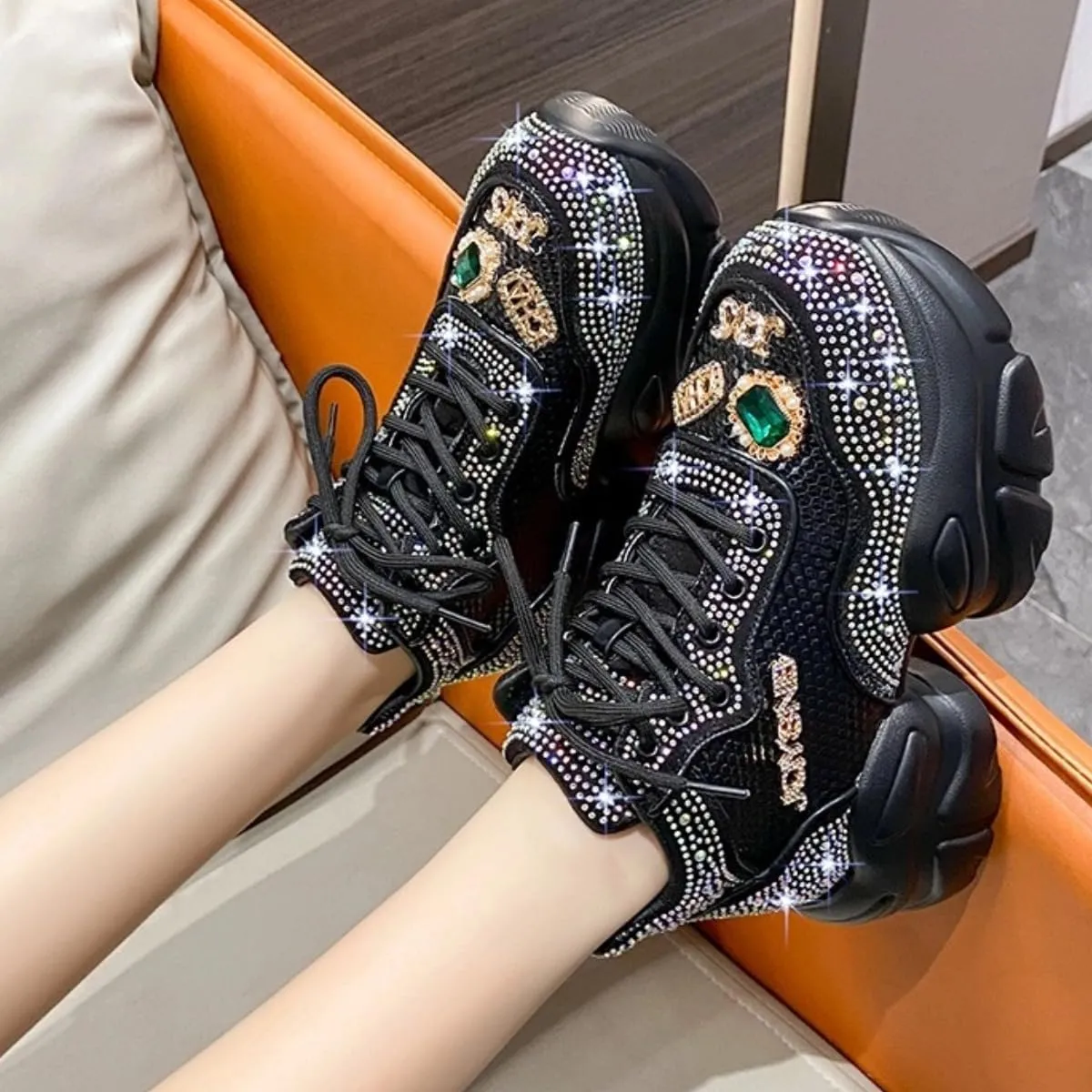 Chunky Sneakers for Women Fashion Sparkling Rave Platform Thick Sole Dad Shoes