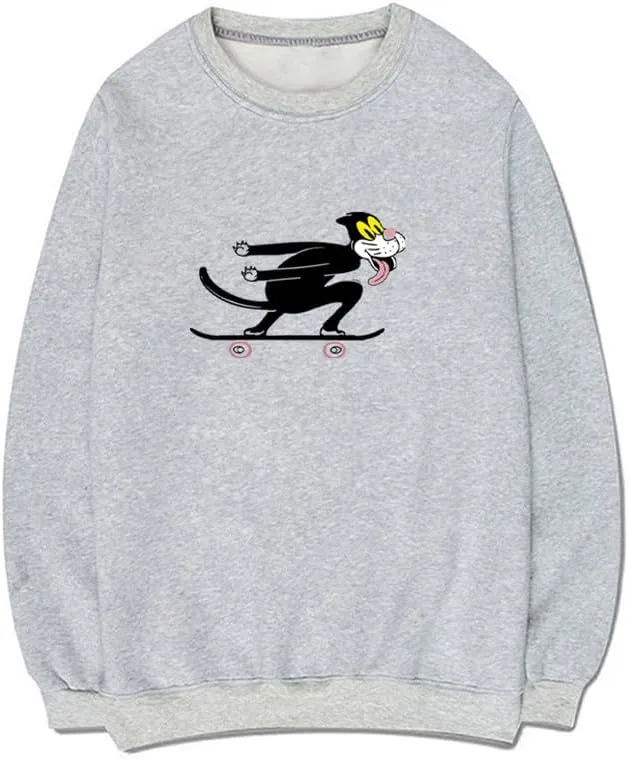 CORIRESHA Unisex Cute Cat Crewneck Long Sleeves Casual Cotton Skateboard Sweatshirts