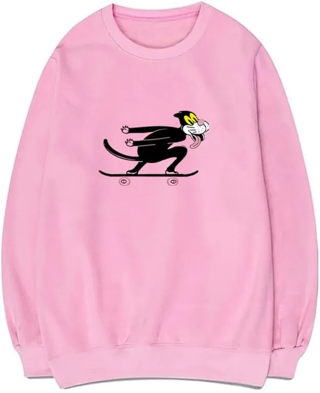 CORIRESHA Unisex Cute Cat Crewneck Long Sleeves Casual Cotton Skateboard Sweatshirts