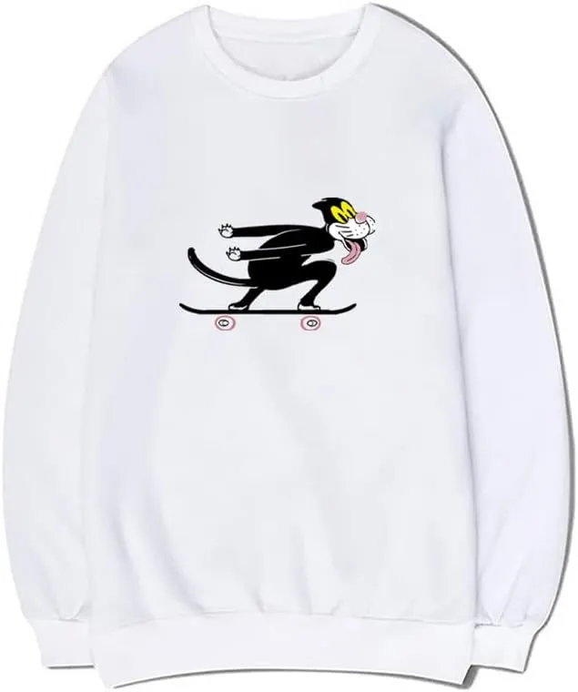 CORIRESHA Unisex Cute Cat Crewneck Long Sleeves Casual Cotton Skateboard Sweatshirts