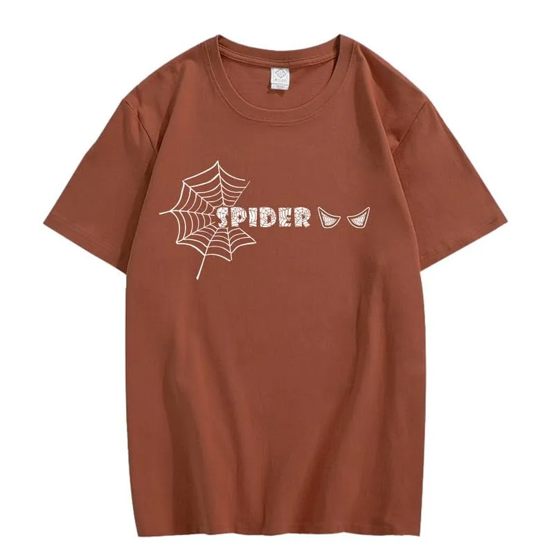 CORIRESHA Women's Y2K Spider Web T-Shirt Crewneck Short Sleeve Casual Halloween Clothing