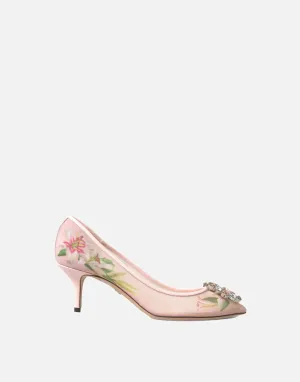 Crystal-Embellished Floral-Print Mesh Pumps