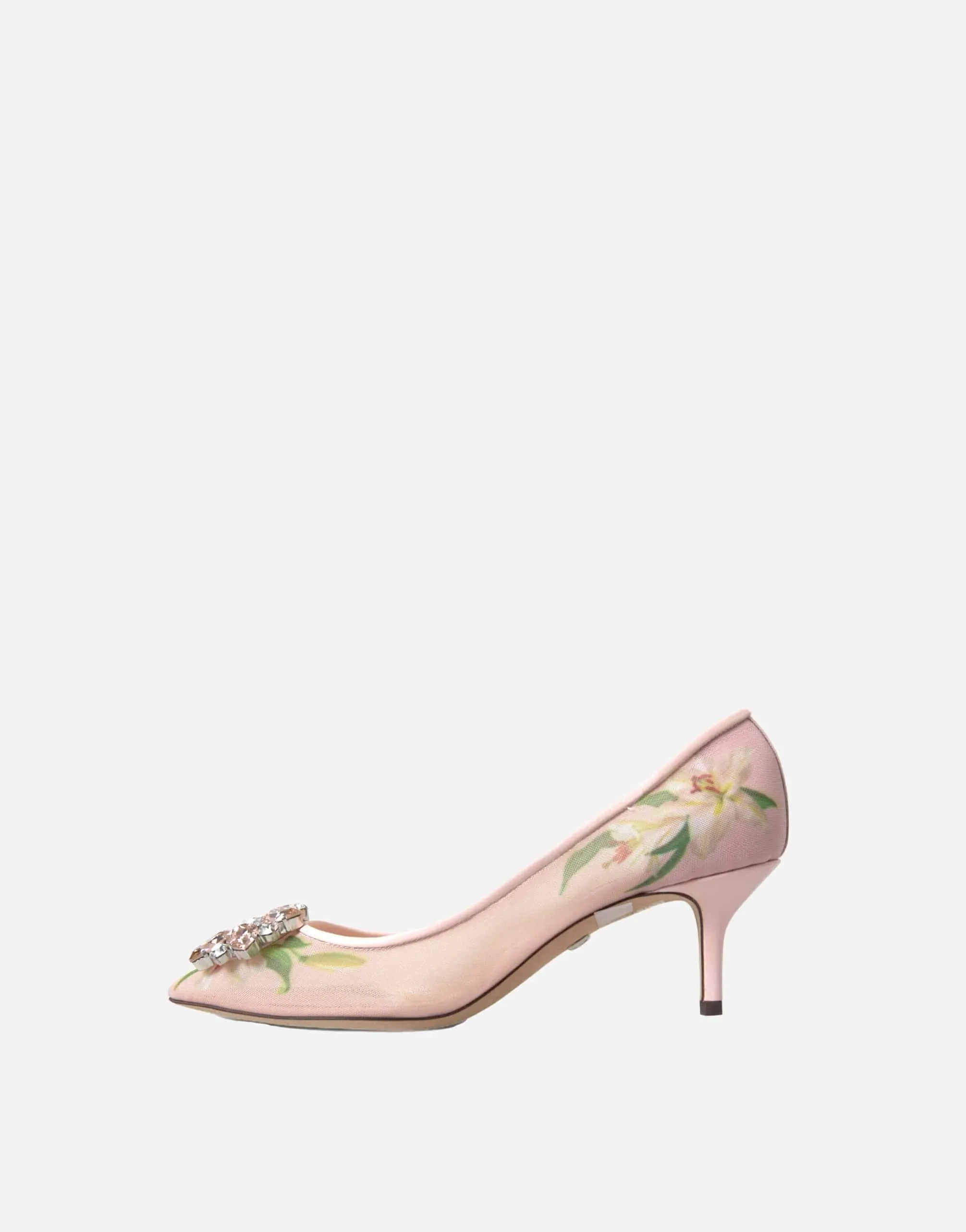 Crystal-Embellished Floral-Print Mesh Pumps