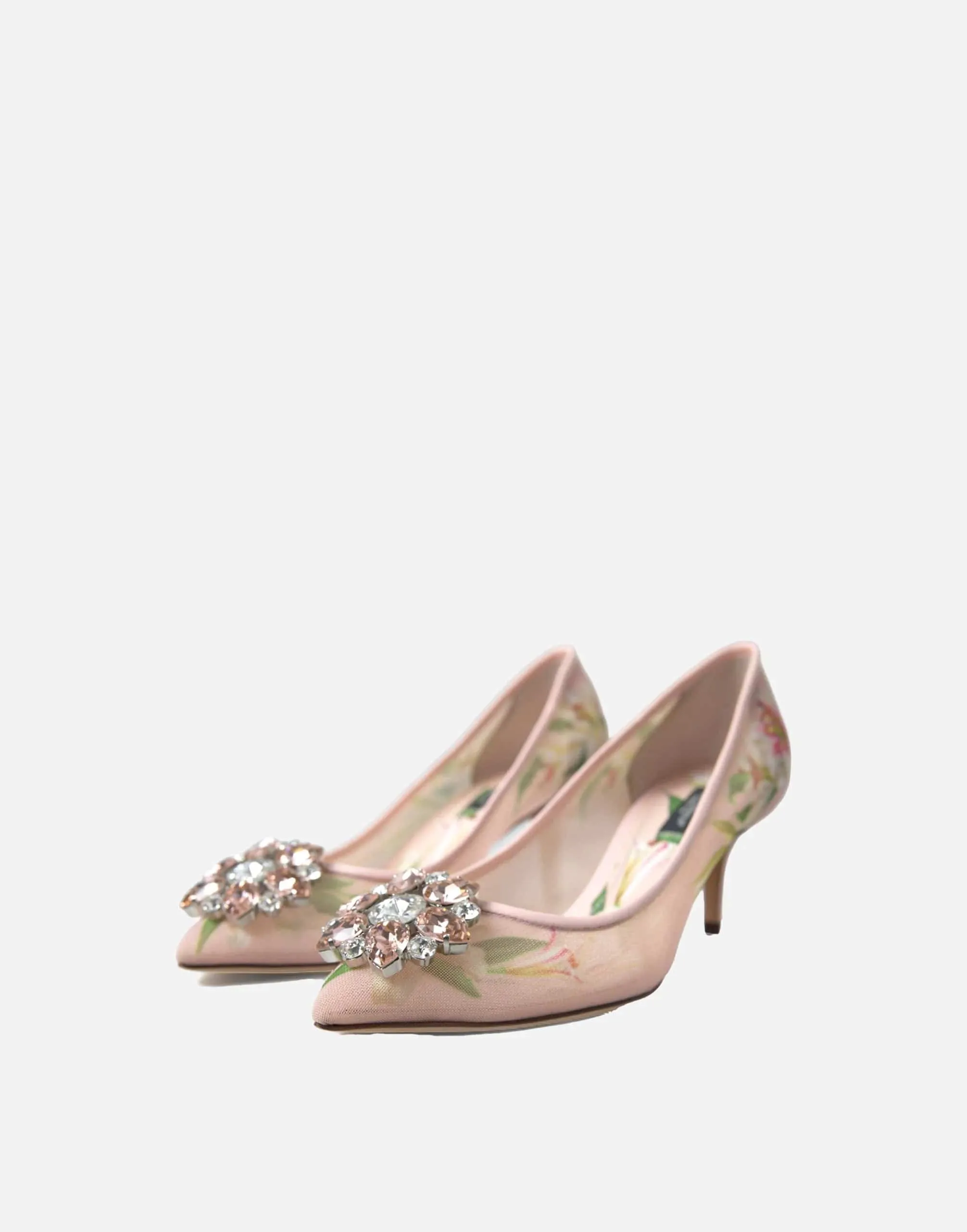 Crystal-Embellished Floral-Print Mesh Pumps