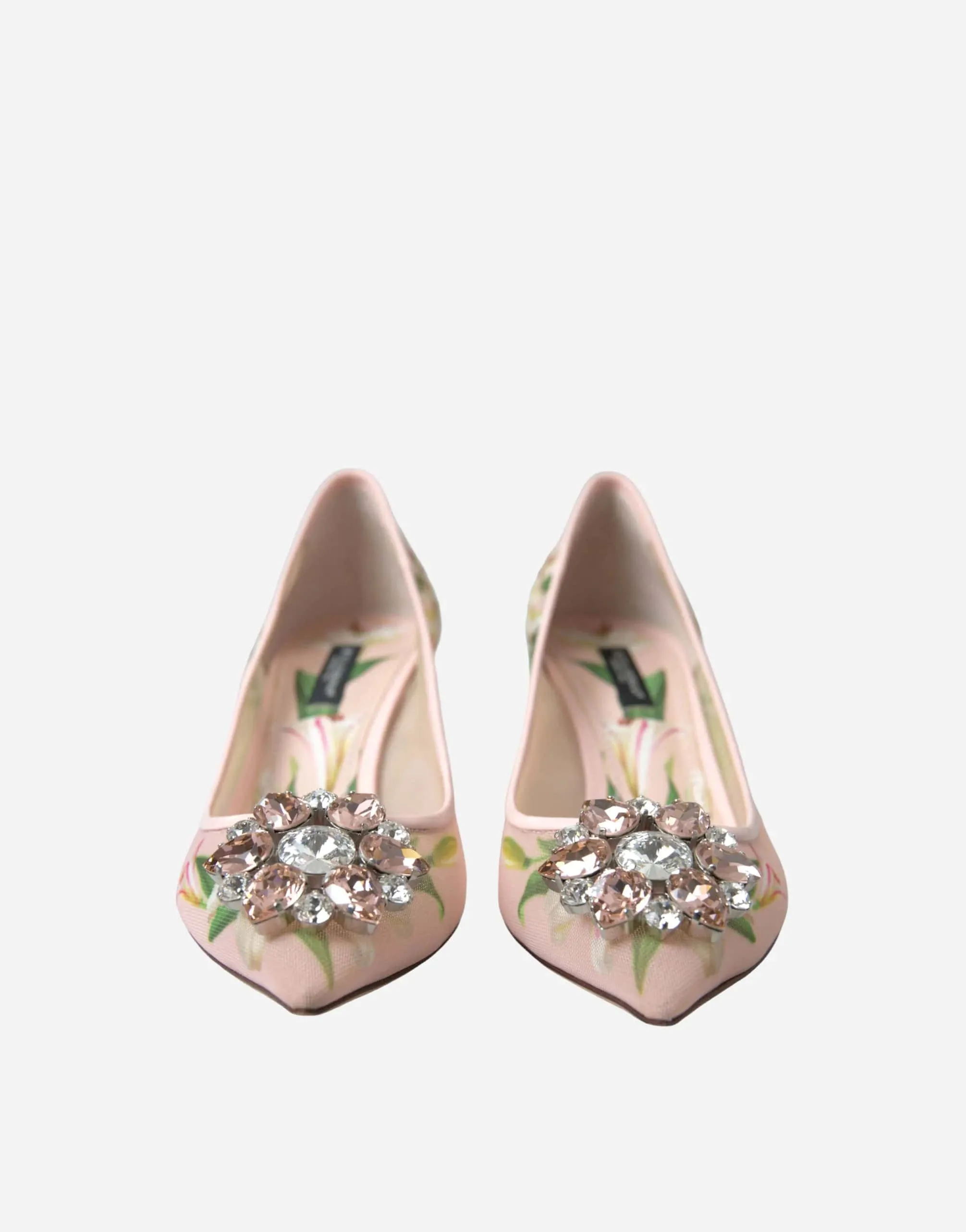 Crystal-Embellished Floral-Print Mesh Pumps