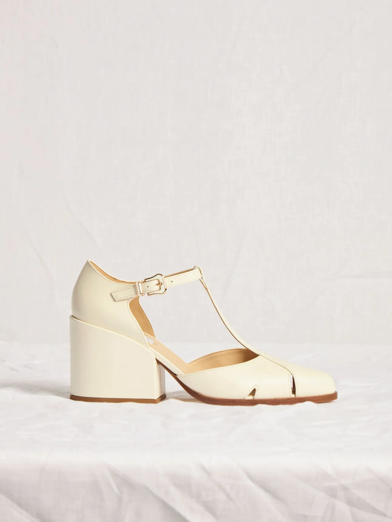 Evita T-Strap Heel in Pearlized White Leather