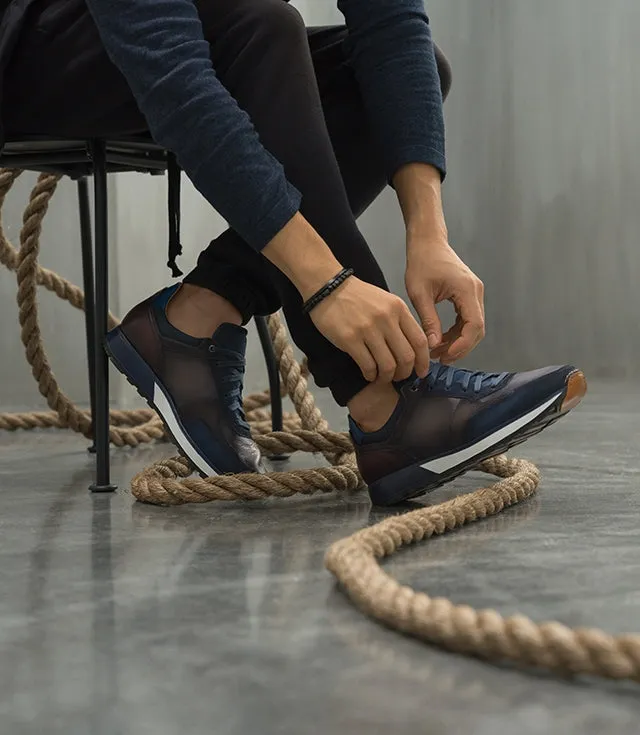 Height Increasing Navy Blue Suede and Grey Leather Nausori Lace Up Running Sneaker Shoes