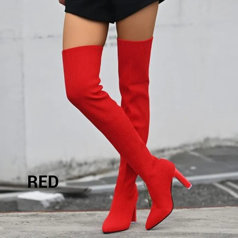 Hot SaleWomens Block Heel Pointed Toe Over-the-Knee Boots