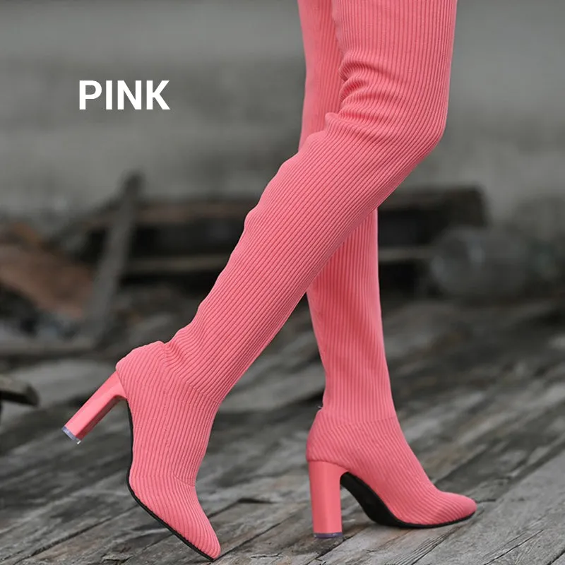Hot SaleWomens Block Heel Pointed Toe Over-the-Knee Boots