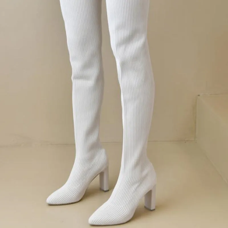 Hot SaleWomens Block Heel Pointed Toe Over-the-Knee Boots