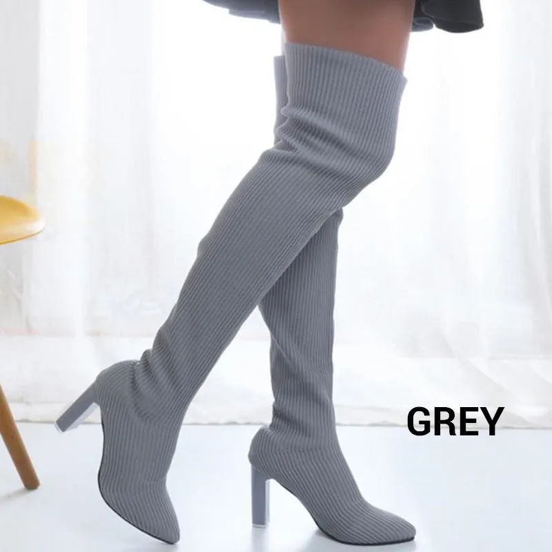 Hot SaleWomens Block Heel Pointed Toe Over-the-Knee Boots