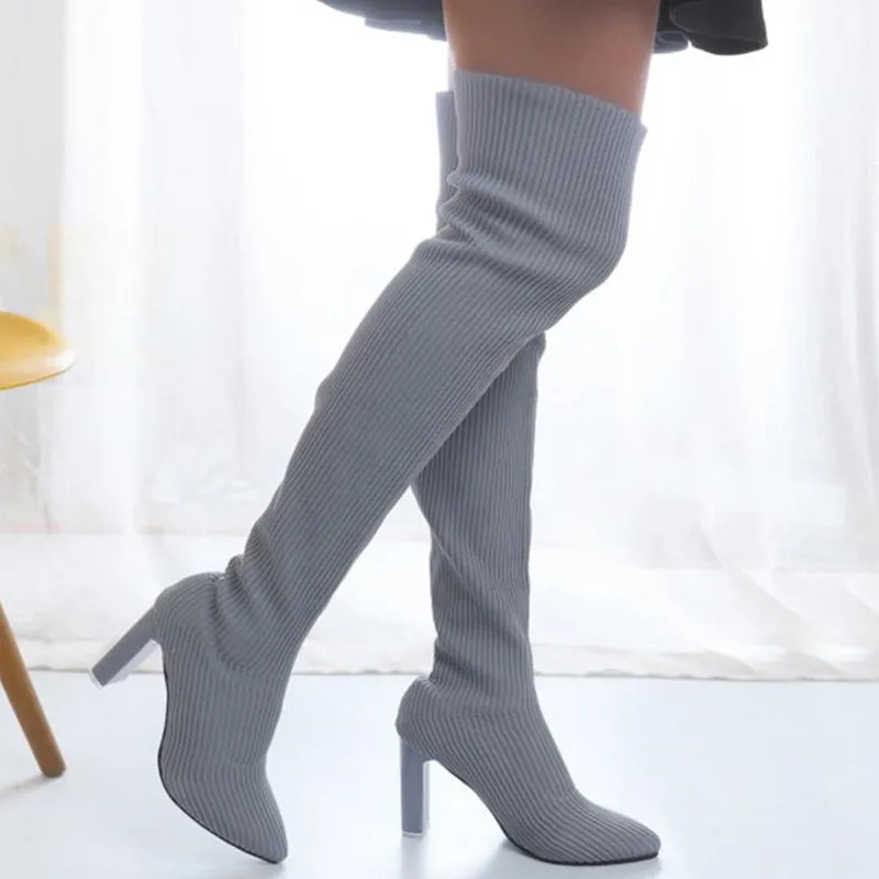 Hot SaleWomens Block Heel Pointed Toe Over-the-Knee Boots