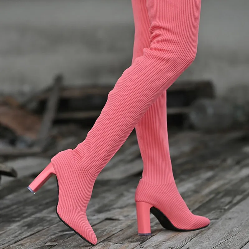Hot SaleWomens Block Heel Pointed Toe Over-the-Knee Boots