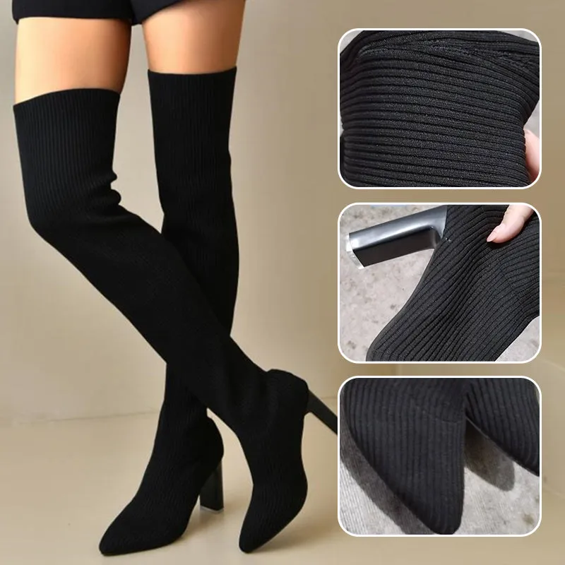 Hot SaleWomens Block Heel Pointed Toe Over-the-Knee Boots