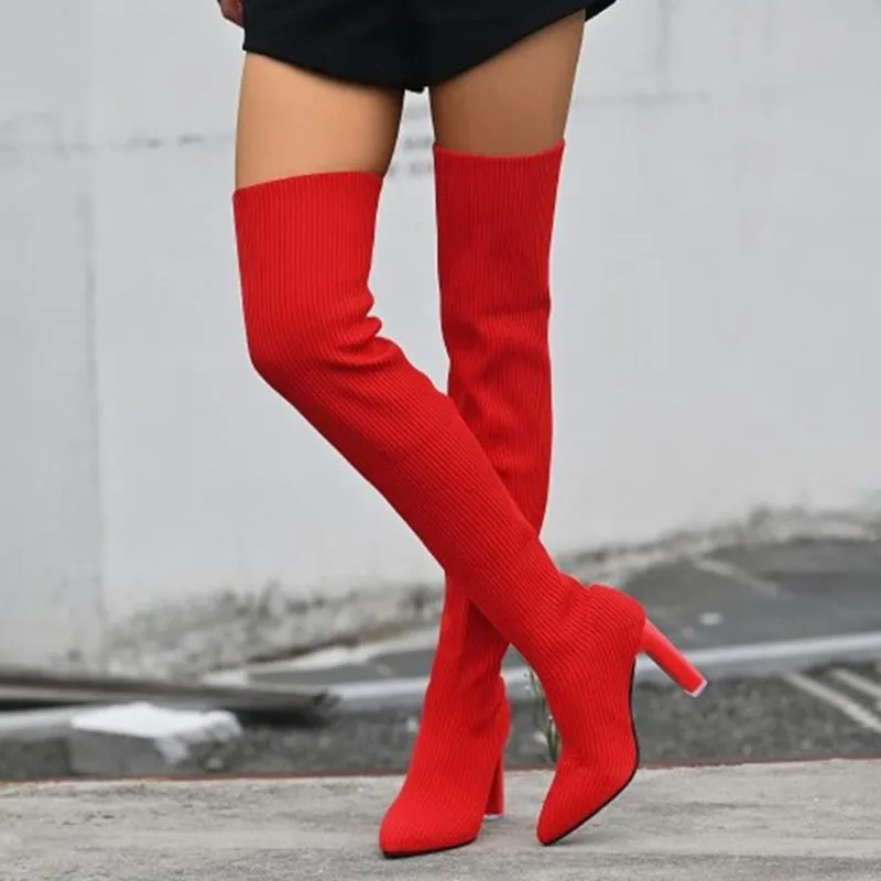 Hot SaleWomens Block Heel Pointed Toe Over-the-Knee Boots