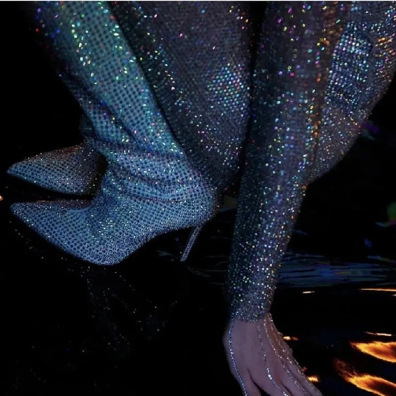 Jillian Rhinestone High Boots Pointed Toe Slip-on Long Boots Stiletto