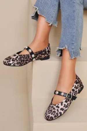 LEOPARD CROSS STRAP SILVER STUD DETAIL MARY JANE FLAT PUMPS