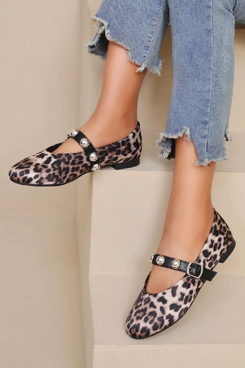 LEOPARD CROSS STRAP SILVER STUD DETAIL MARY JANE FLAT PUMPS