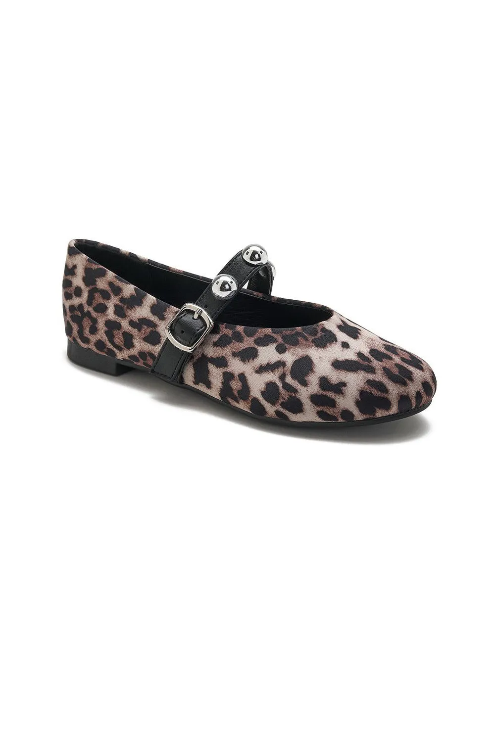 LEOPARD CROSS STRAP SILVER STUD DETAIL MARY JANE FLAT PUMPS