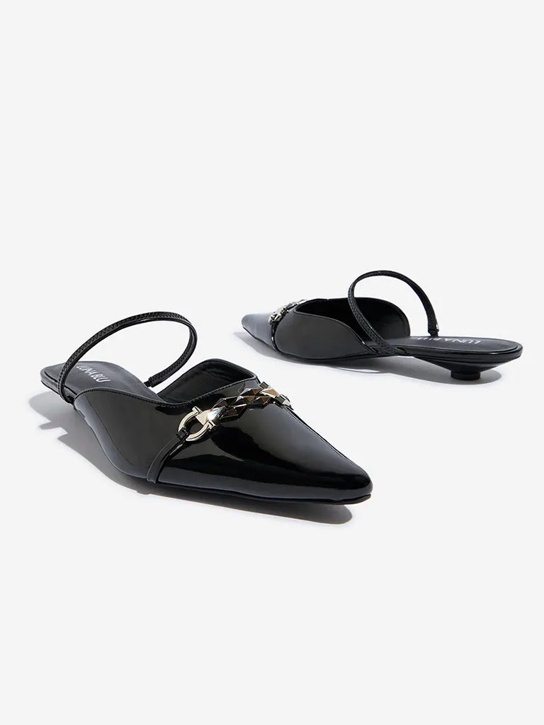 LUNA BLU Black Chain-Detailed Mule Shoes