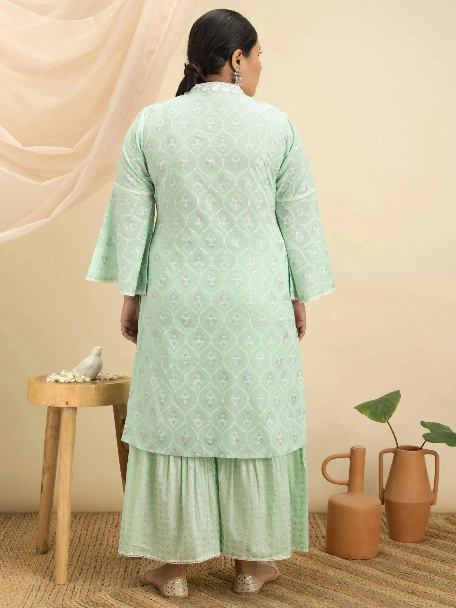Plus Size Green Printed Cotton Straight Sharara Suit Set