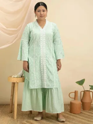 Plus Size Green Printed Cotton Straight Sharara Suit Set
