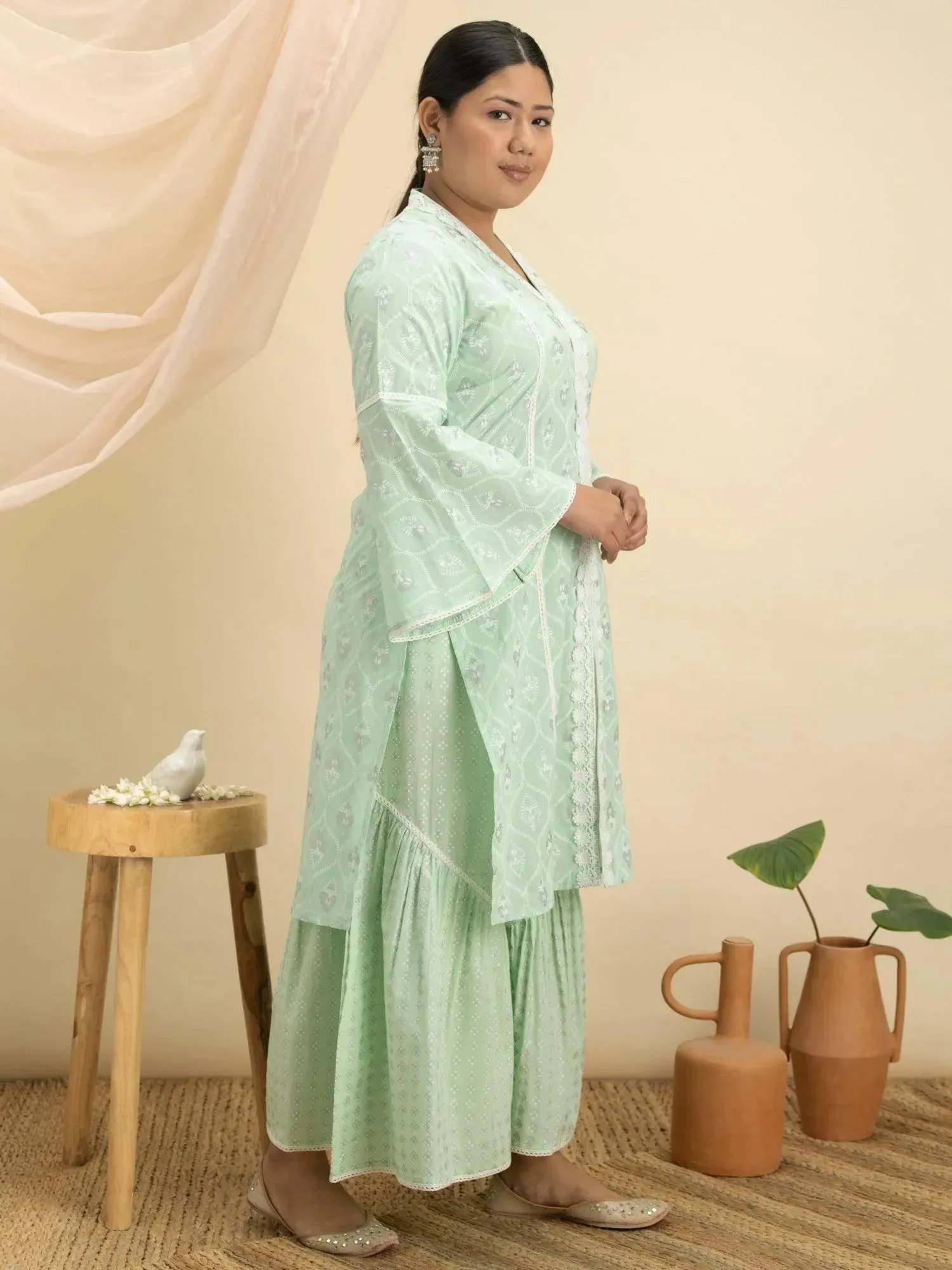 Plus Size Green Printed Cotton Straight Sharara Suit Set
