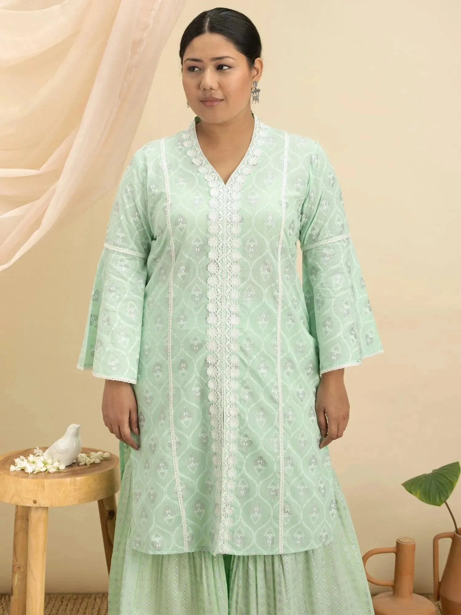 Plus Size Green Printed Cotton Straight Sharara Suit Set