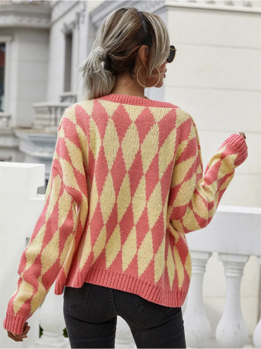Smaibulun Doll | FELISE Chess Patterned Knit Cardigan - Orange