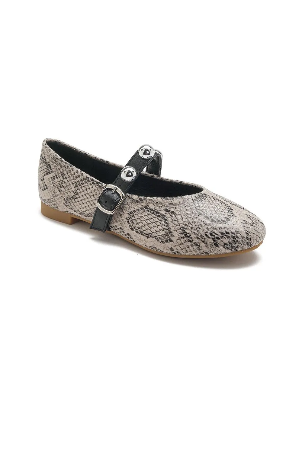 SNAKE CROSS STRAP SILVER STUD DETAIL MARY JANE FLAT PUMPS