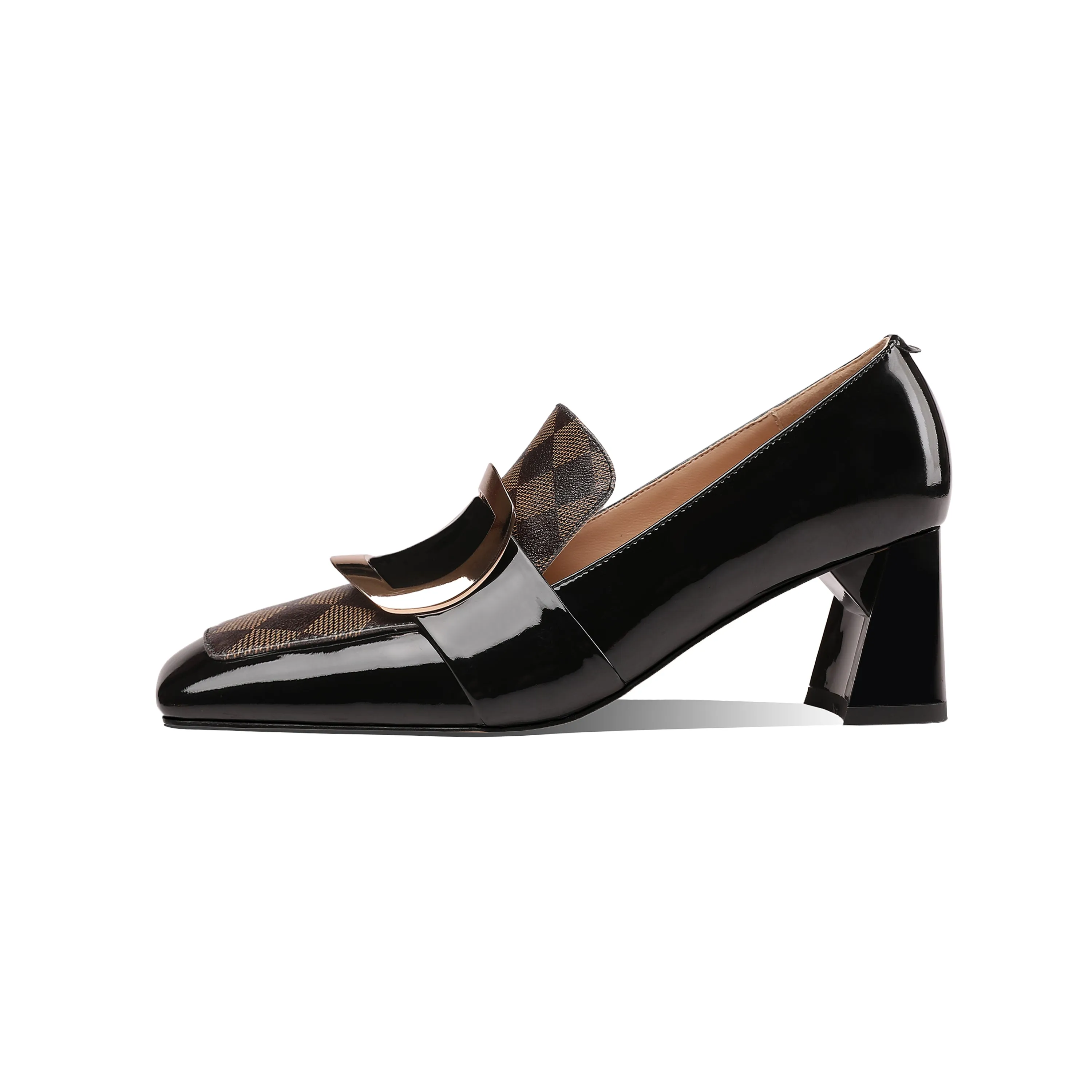 TinaCus Patent Leather Women's Handmade Metal Square Pattern Design Classic Chunky Heel Loafer Pumps