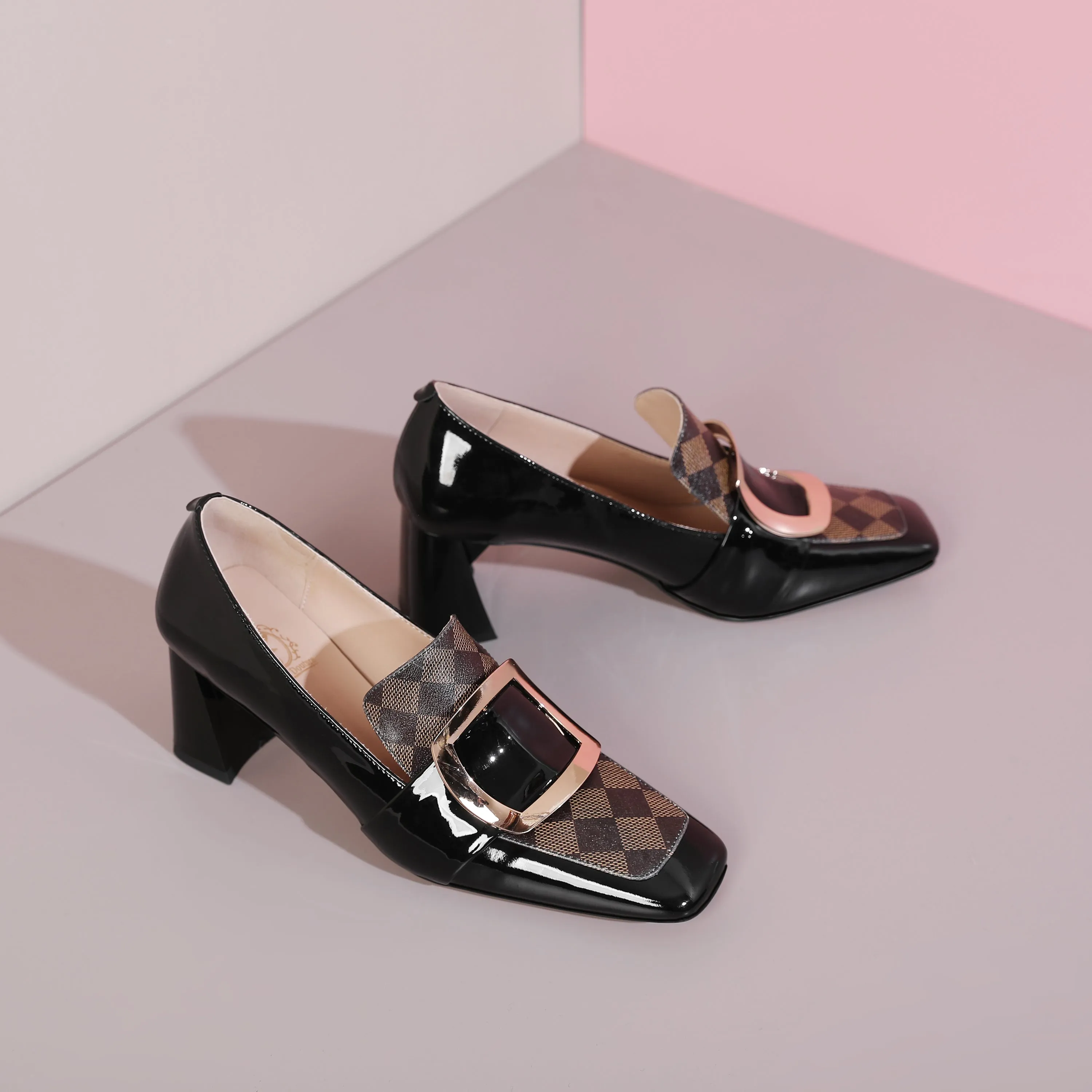 TinaCus Patent Leather Women's Handmade Metal Square Pattern Design Classic Chunky Heel Loafer Pumps