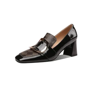 TinaCus Patent Leather Women's Handmade Metal Square Pattern Design Classic Chunky Heel Loafer Pumps