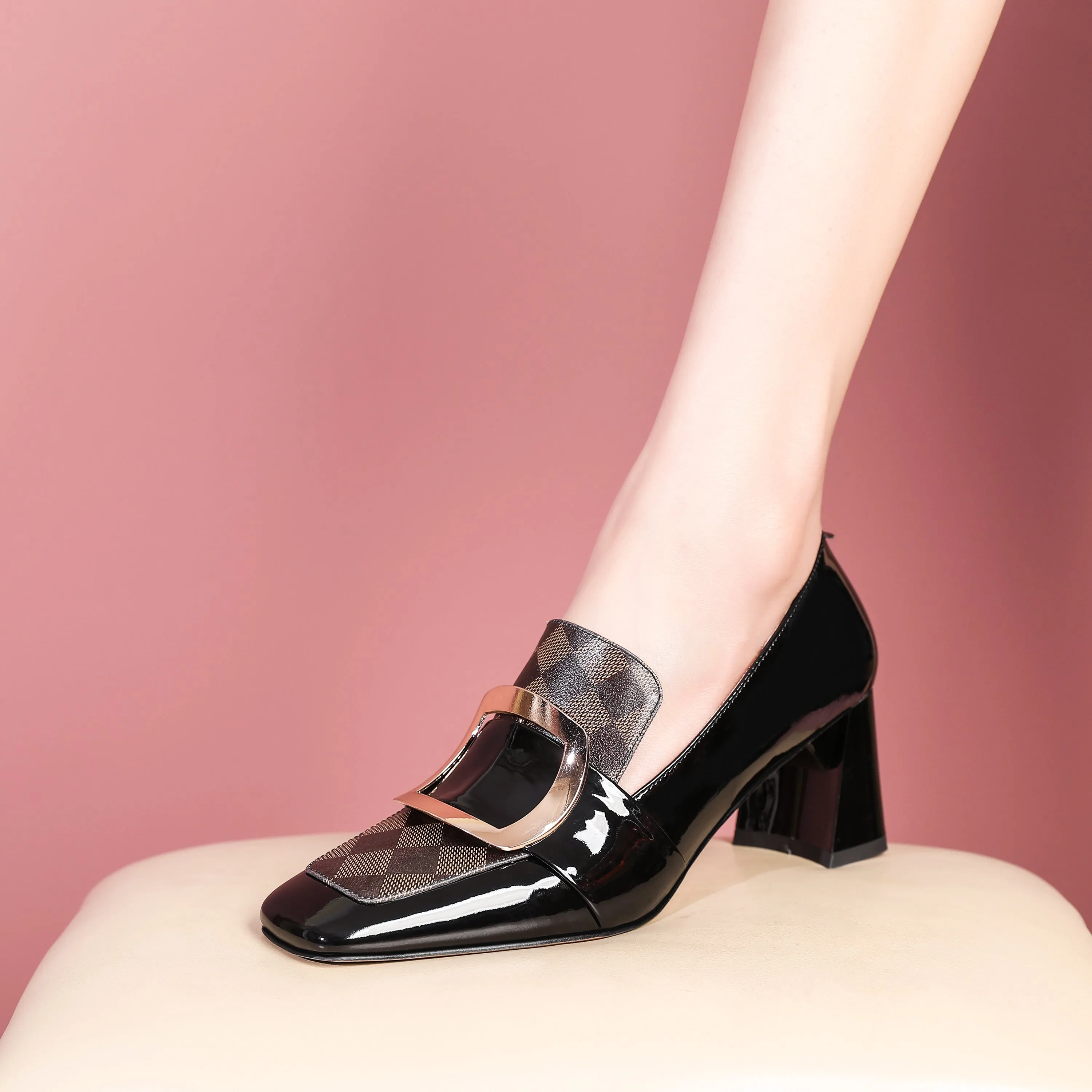 TinaCus Patent Leather Women's Handmade Metal Square Pattern Design Classic Chunky Heel Loafer Pumps