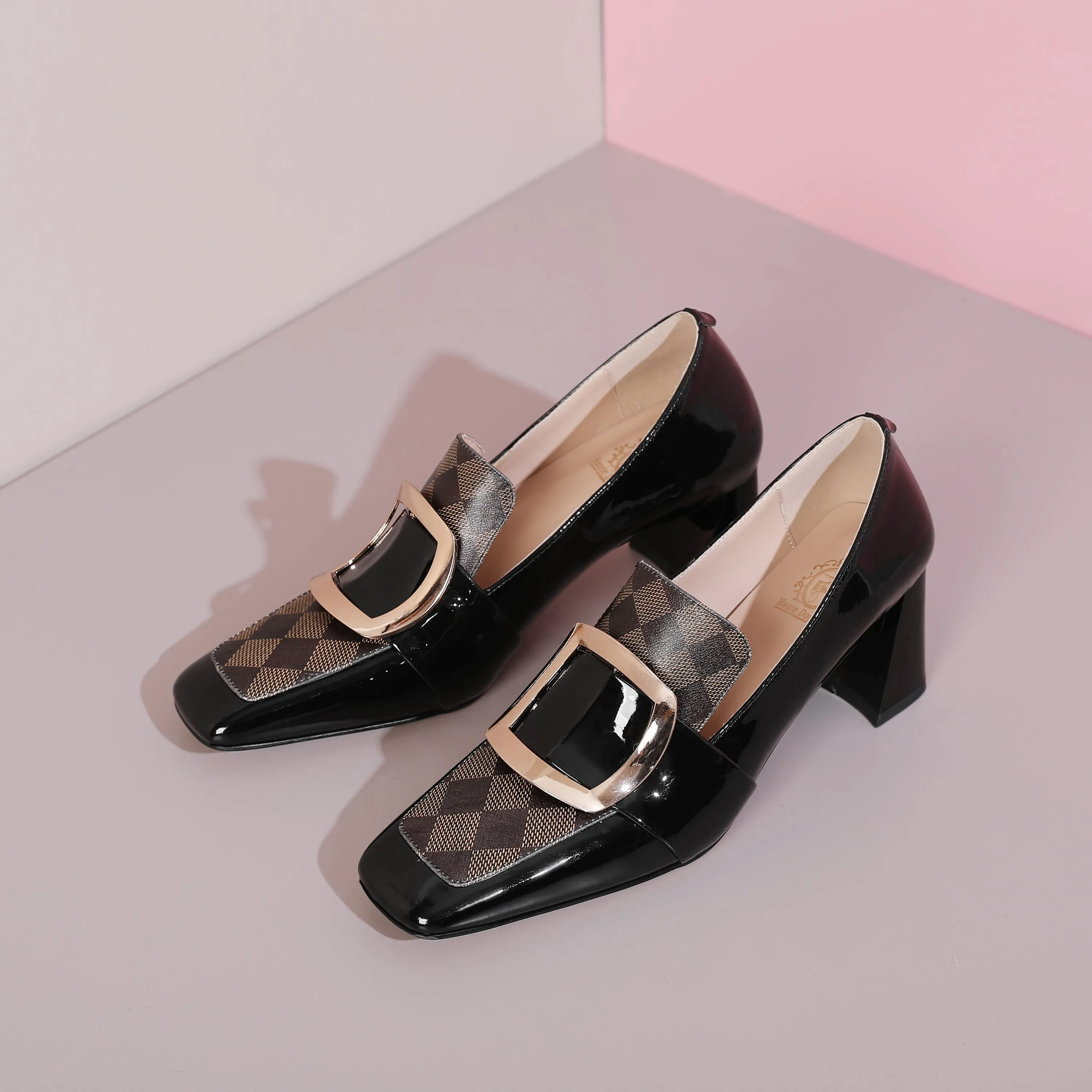 TinaCus Patent Leather Women's Handmade Metal Square Pattern Design Classic Chunky Heel Loafer Pumps